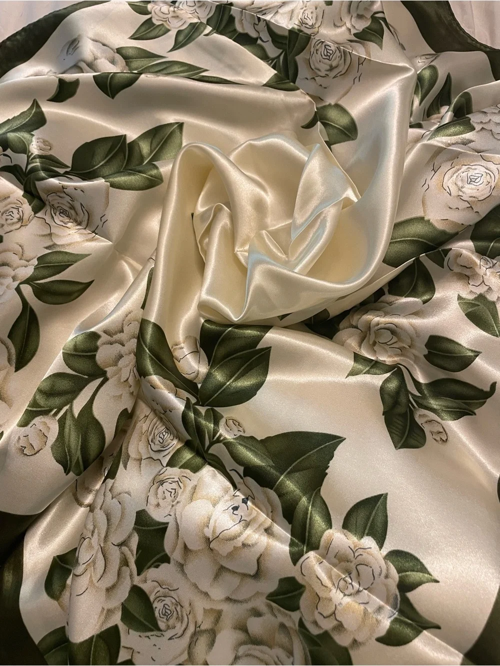 Silky Floral Square Scarf in Olive Green & Ivory
